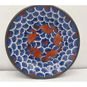 Vtg MCM Neiman Marcus Koi Bowl Dish Porcelain with Pewter Backing Mid Century